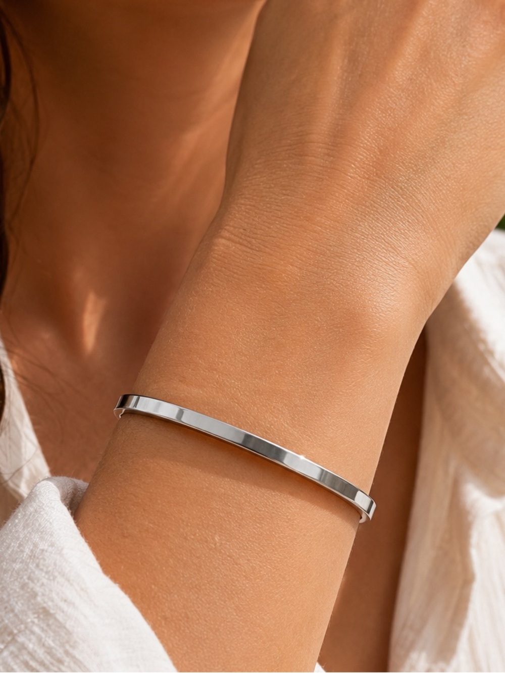 Silver Stainless Steel 4mm Waterproof Stackable Bangle Bracelet
